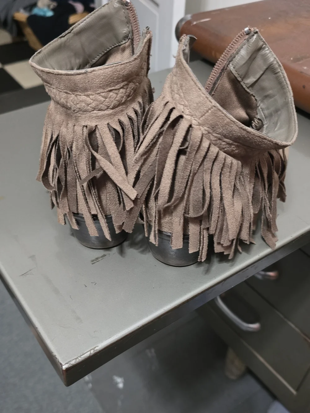 Refresh Taupe Suede Fringe Ankle Booties